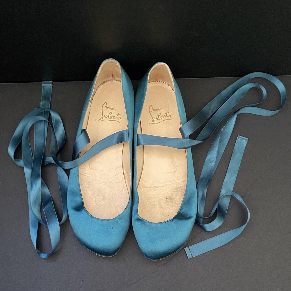 Christian Louboutin Turquoise Satin Ballet Flats with Ribbons